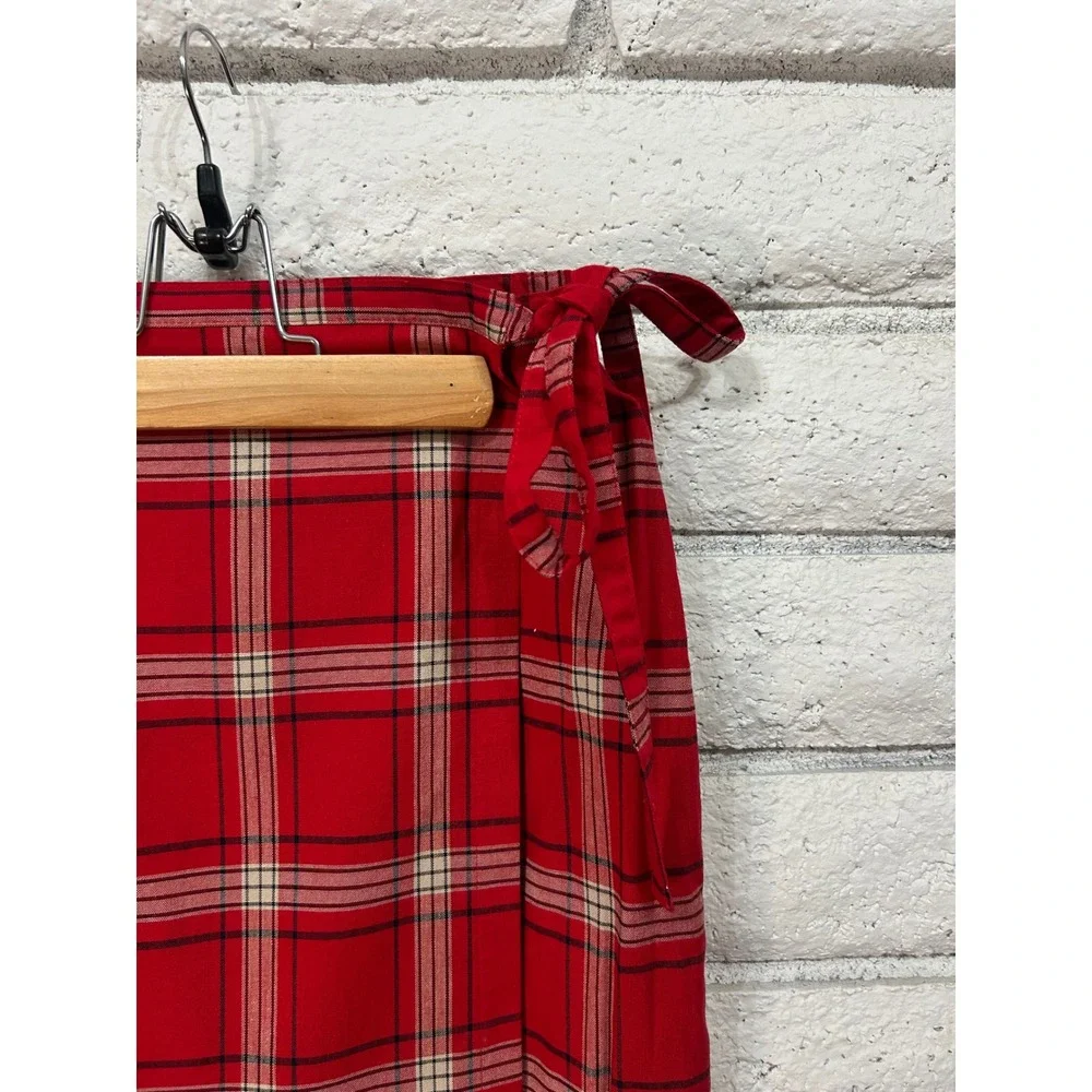Crazy Horse Liz Claiborne Red Plaid Wrap Midi Skirt Petite 8P‎ Tartan Preppy Tie